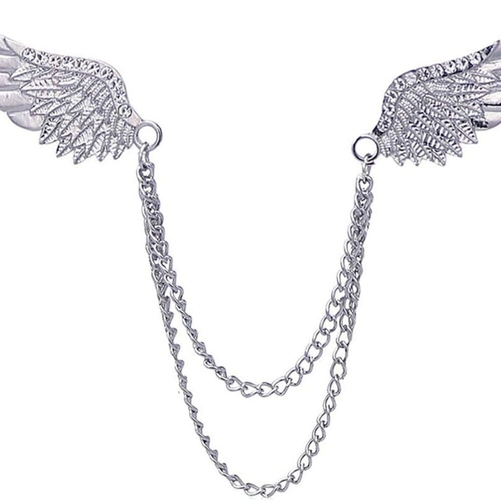 Angel Wings Tassel Chain Brooch Collar Pins. Rhinestone Metal Feather Lapel Pin,